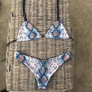 Blue snake print thong bikini